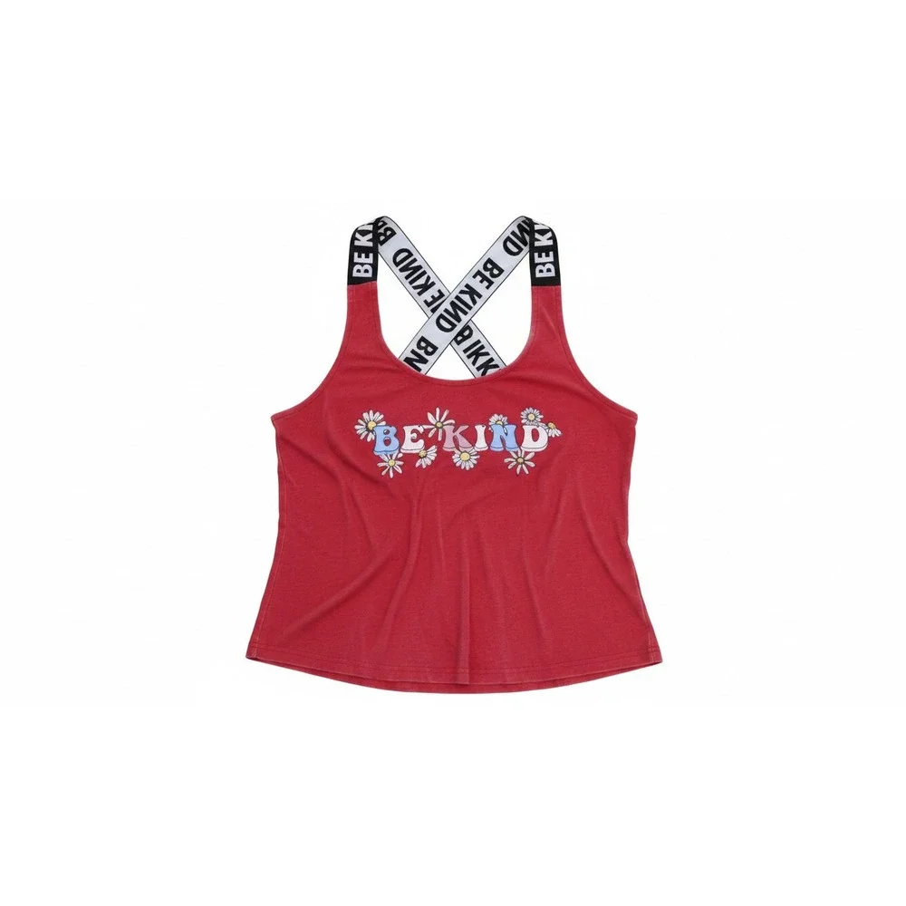 No Boundaries Tank Top Juniors Small Red Be Kind Graphic Crisscross Straps